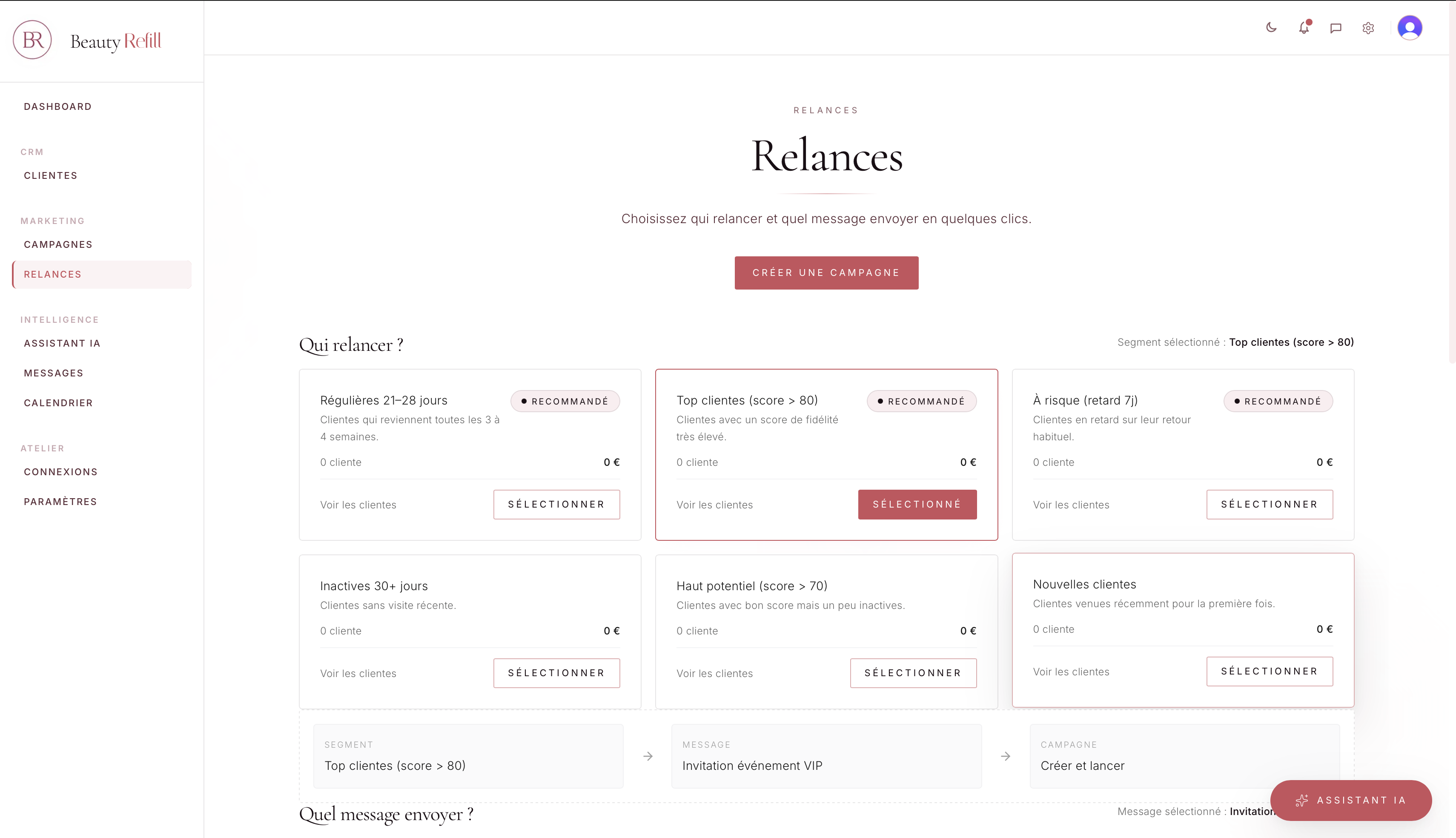 Dashboard relances Beauty Refill